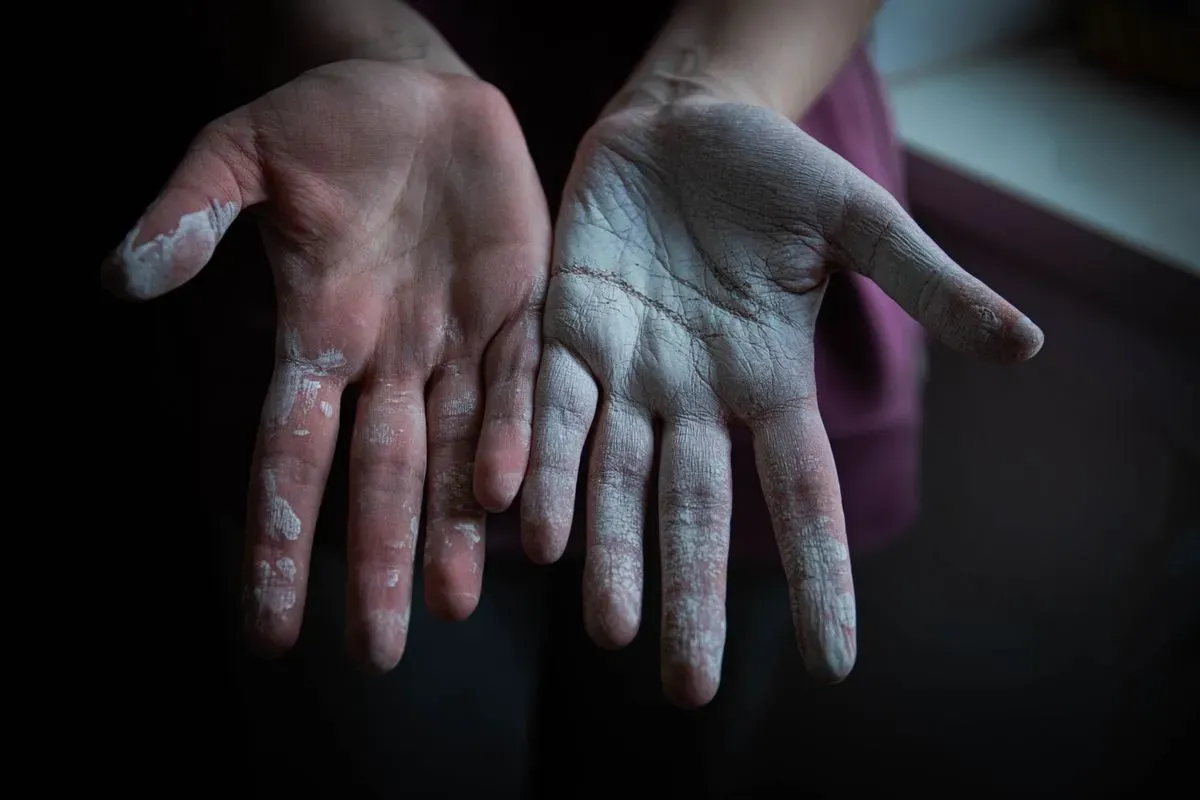 Chalked hands ready for a heavy lift